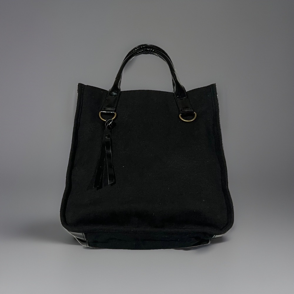 Vintage Neiman Marcus Womens Black Canvas Patent Tote Hand Bag Purse Designer
